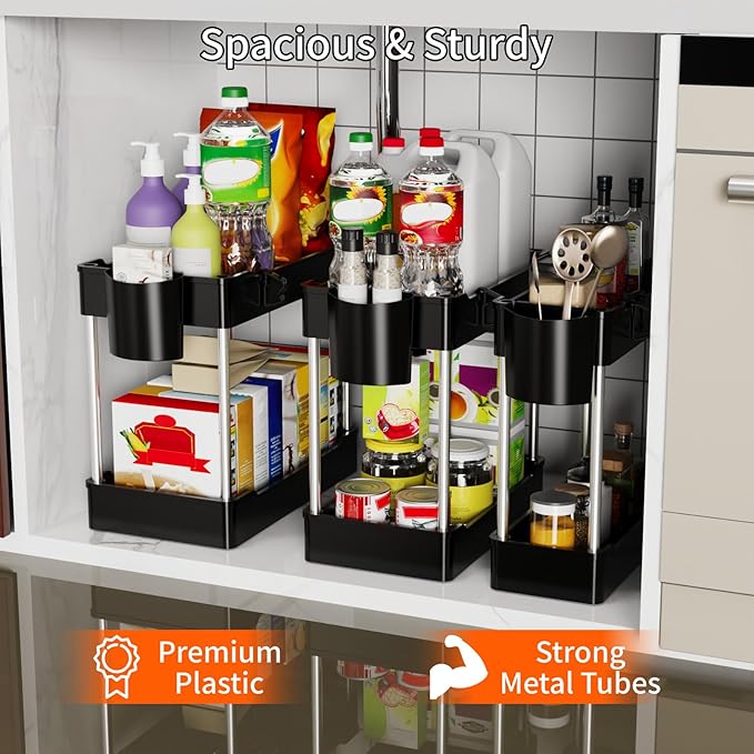 3 Pack Under Sink Organizers and Storage, 2 Tier Bathroom Cabinet Organizer Shelf with Hanging Cups for Kitchen & Bathroom (Black) - Image 2