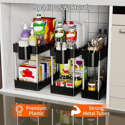 3 Pack Under Sink Organizers and Storage, 2 Tier Bathroom Cabinet Organizer Shelf with Hanging Cups for Kitchen & Bathroom (Black) - Image 2