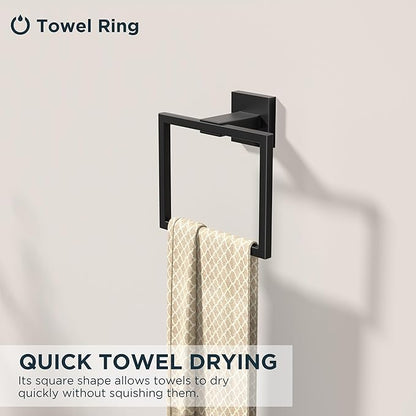 FORIOUS Toilet Paper Holder Set Wall Mount, SUS 304 Stainless Steel Pivoting Toilet Paper Holder and Towel Ring, Hand Towel Holder Set for Bathroom, Square Bathroom Hardware Set, Matte Black