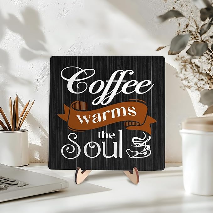 Coffee Bar Sign Plaque Decor,Coffee Bar Accessories,Rustic Wooden Tabletop Plaque with Stand, Minimalist Farmhouse Kitchen Counter Sign,Cute Mini Café Bar Decor Gift 5.9x5.9Inch - Image 3