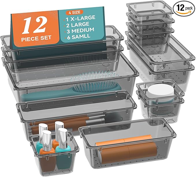 ElegantArray 12-Piece Drawer Organizer Set, 4 Sizes Versatile Plastic Vanity Organizer for Makeup, Stationery, Gadgets, in Kitchen, Bathroom, Office, and Bedroom, Black by Unknown