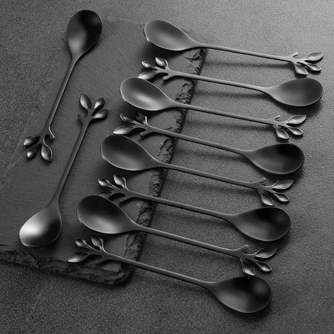 AnSaw Elegant Black Leaf Coffee Spoons - 10-Piece, 4.7" Mini Stainless Steel Espresso & Dessert Tea Spoons, Perfect for Demitasse & Small Servings - Image 5