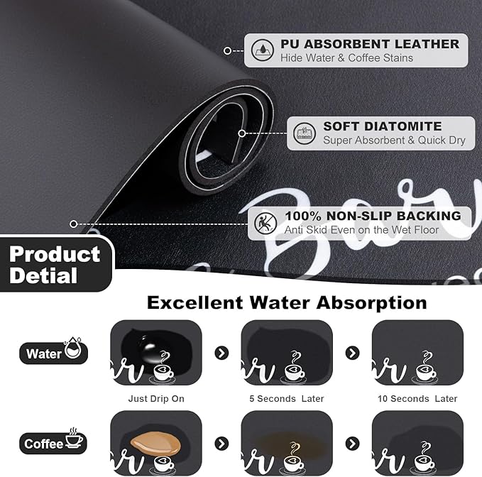 Findosom Dish Drying Mat, 18" x 24" Super Absorbent & Hide Stain Coffee Mat, Cuttable Drying Mat for Kitchen Counter, Coffee Bar Accessories, Under Dish Rack, Coffee Maker, Espresso Machine, Black - Image 5