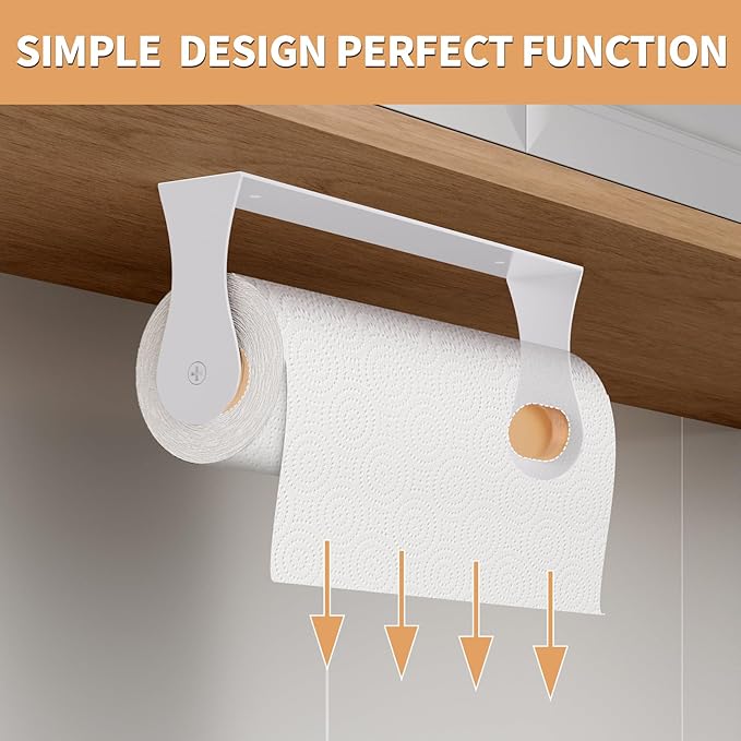 Paper Towel Holder Under Cabinet, White Kitchen Accessories Decor, Wall Mount, White Paper Towel Holder for Bathroom, Stainless Steel, Adhesive or Screws - Image 2