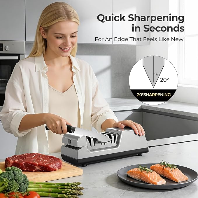 Narcissus Knife Sharpener, 3 Stages Diamond Electric Knife Sharpener for Stainless Steel and Ceramic Kitchen Knives, 40 Seconds Quick Repairing & Polishing, Open Design Port for Scissors Sharpening - Image 2