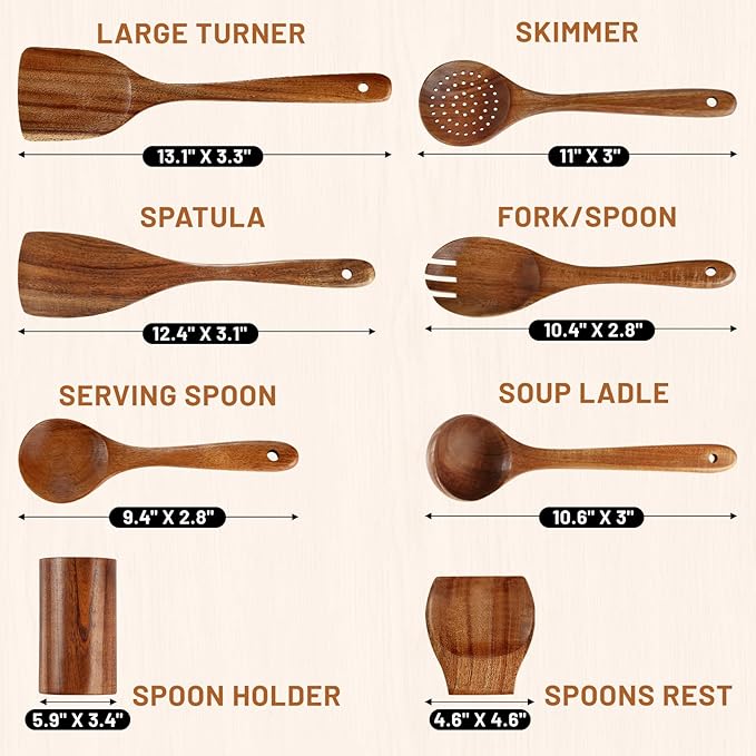 Unokit Cooking Utensils Set for Kitchen - 8 Piece Nonstick Natural Teak Wooden Spoons for Cooking, Comfort Grip Kitchen Utensils Set, Teak Wooden Utensil Set with Holder and Spoon Rest - Image 2