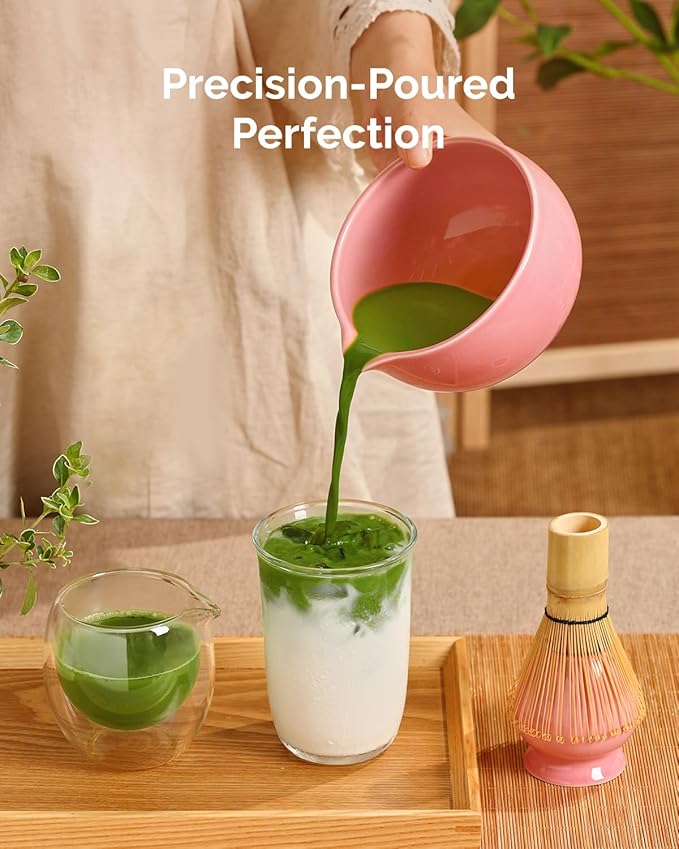 Maestri House Pink Matcha Whisk Set, 7-Pc Complete Matcha Kit with Spouted Ceramic Bowl, Bamboo Whisk and Holder, Scoop, Spoon Rest & Sifter, Tea Cloth – Ideal Gift for Matcha Lovers (Pink) - Image 6
