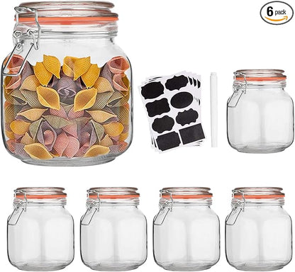 32 oz Glass Food Storage Jars with Airtight Lids,Clear Airtight Canister with Leak Proof Rubber Gasket,1000 ml Square Large Mason Jars with Clamp Lids for Canning,Cereal,Beans,6 Pack by Encheng