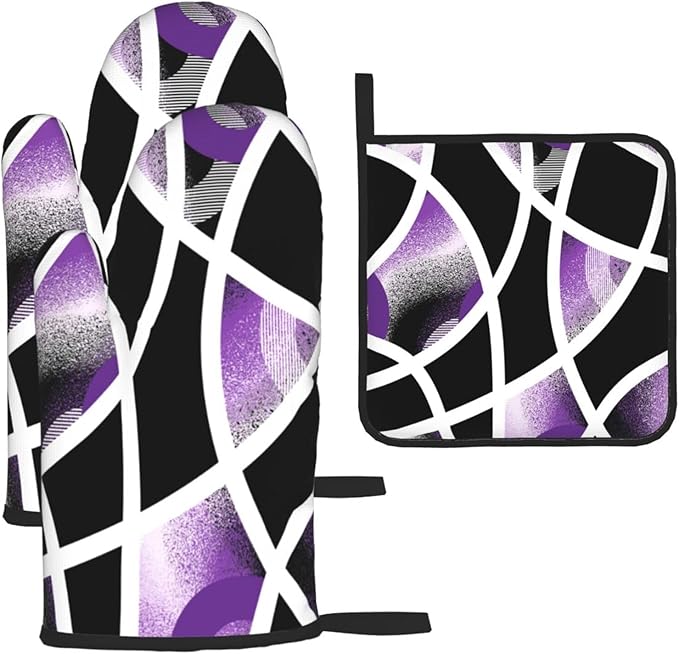 3-Piece Purple Black Abstract Geometric Oven Mitts and Pot Holders Set, Heat Resistant Modern Art Kitchen Gloves Hot Pads for Baking Cooking Grilling, Chef Gifts for Cooking Lovers, Home Decor, Purple by Unknown