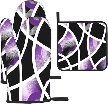 3-Piece Purple Black Abstract Geometric Oven Mitts and Pot Holders Set, Heat Resistant Modern Art Kitchen Gloves Hot Pads for Baking Cooking Grilling, Chef Gifts for Cooking Lovers, Home Decor, Purple by Unknown