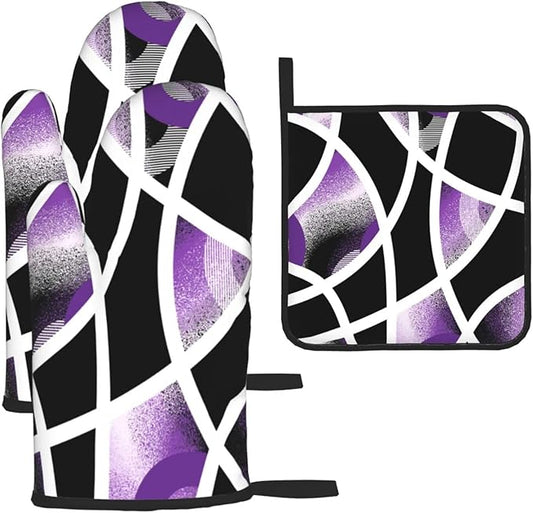 3-Piece Purple Black Abstract Geometric Oven Mitts and Pot Holders Set, Heat Resistant Modern Art Kitchen Gloves Hot Pads for Baking Cooking Grilling, Chef Gifts for Cooking Lovers, Home Decor, Purple by Unknown