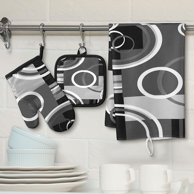 Jingmore 6 Pcs Kitchen Decor Set Accessorie Farmhouse Kitchen Towels Pot Holders Oven Mitts Set 2 Dish Towels 2 Pot Holders 2 Cooking Mittens Oven Glove for Cooking (Gray and Black,Geometric) - Image 2