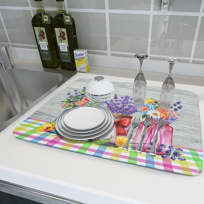 Kawani Spring Summer Flowers Dish Drying Mat for Kitchen Counter 18"x24" Spring Floral Jars Drying Mat Soft Absorbent Microfiber Farmhouse Colorful Floral Dish Drainer Rack Mats for Counter tops