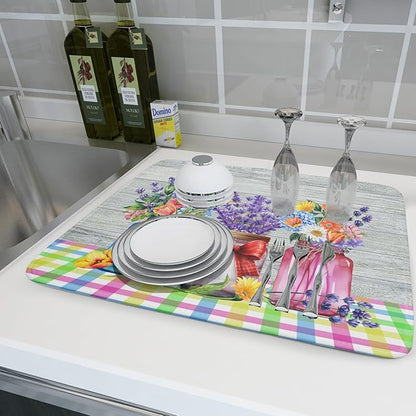 Kawani Spring Summer Flowers Dish Drying Mat for Kitchen Counter 18"x24" Spring Floral Jars Drying Mat Soft Absorbent Microfiber Farmhouse Colorful Floral Dish Drainer Rack Mats for Counter tops