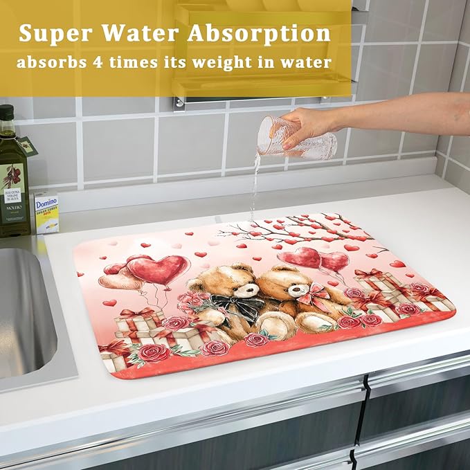 Holiday Microfiber Dish Drying Mat 18 X 24 in Valentines Day Bear Red Decorative Kitchen Countertop Mats - Image 7