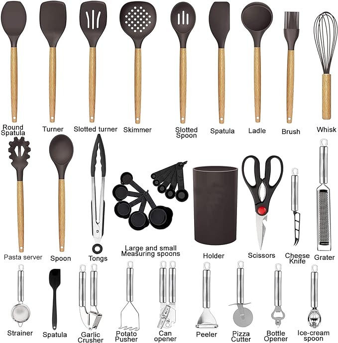Cooking Utensils Set- 35 PCs Kitchen Utensils with Grater,Tongs, Spoon Spatula &Turner Made of Heat Resistant Food Grade Silicone and Wooden Handles Kitchen Gadgets Tools Set for Cookware - Image 2