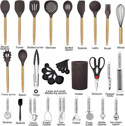 Cooking Utensils Set- 35 PCs Kitchen Utensils with Grater,Tongs, Spoon Spatula &Turner Made of Heat Resistant Food Grade Silicone and Wooden Handles Kitchen Gadgets Tools Set for Cookware - Image 2