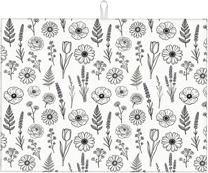 Black and White Floral Aesthetics Dish Drying Mat, for Kitchen Counter Microfiber Absorbent, Dish Draining Mat Extra Large 18"x24" by Vodbne
