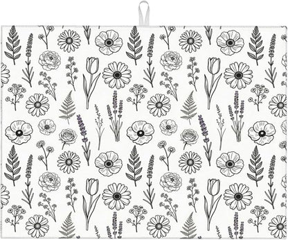 Black and White Floral Aesthetics Dish Drying Mat, for Kitchen Counter Microfiber Absorbent, Dish Draining Mat Extra Large 18"x24" by Vodbne