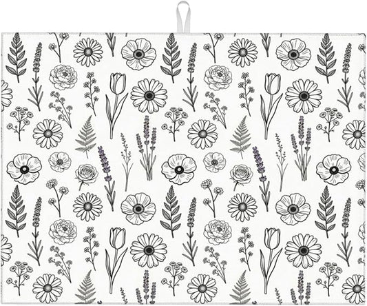 Black and White Floral Aesthetics Dish Drying Mat, for Kitchen Counter Microfiber Absorbent, Dish Draining Mat Extra Large 18"x24" by Vodbne