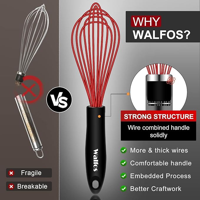 Walfos Whisk, Silicone Whisk Heat Resistant (480°F) Kitchen Whisks Set of 4- Professional Whisks For Cooking Non Scratch, Balloon Egg Wisk Perfect for Frothing, Blending, Beating - Image 8