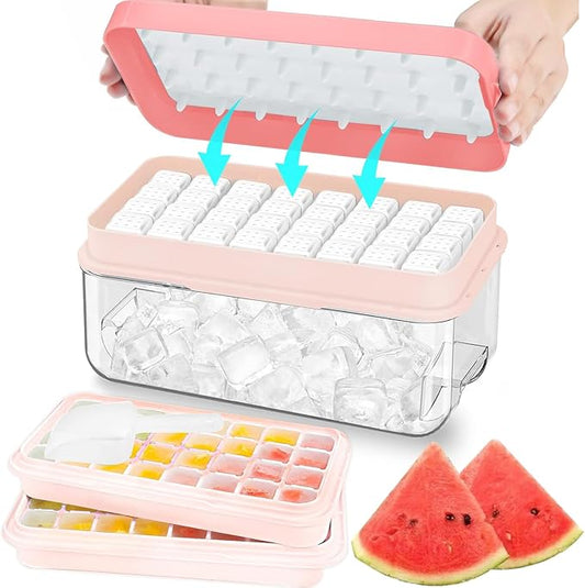 Ice Cube Tray with Lid and Bin, 64 pcs Ice Tray Kit with Ice Scoop, Ice Cube Pop Out Tray, Ice Cube Trays for Freezer, Ice Cube Molds, BPA Free, Easy Release Stackble Spill-Resistant ZZWILLB (Pink)