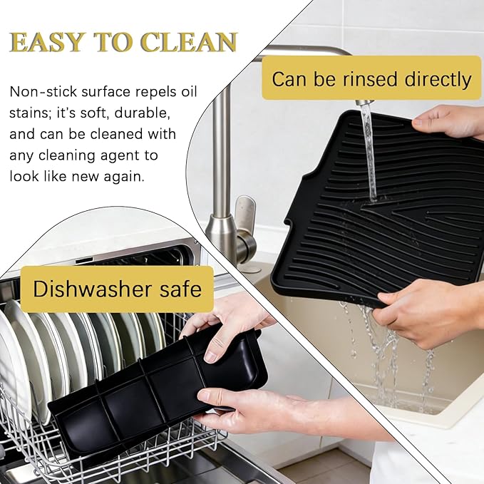 Silicone Drying Mat, 16"X13" With Built-in Drain Lip,Heat-Resistant,Eco-friendly,Hygienic Drying Pad,Leak-Proof and Non-Slip,Silicone Dish Drying Mat for Kitchen Counter or Sink（Black 16X13） - Image 5