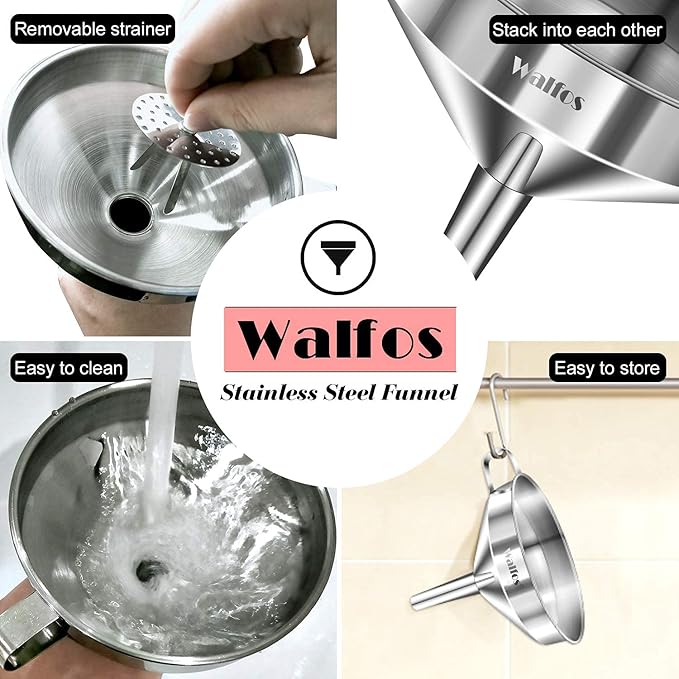 Stainless Steel Funnel, Walfos Kitchen Funnel with 2 Removable Strainer ＆ 1Pc Cleaning Brush, Perfect for Transferring of Liquid, Oils, Jam, Dry Ingredients & Powder (4.1") - Image 5