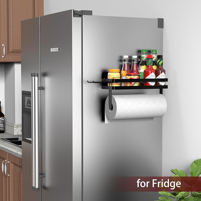 ZUNTO Magnetic Paper Towel Holder for Fridge, Black Kitchen Organizer with Towel Roll Holder, Spice Shelf and 2 Hanging Racks(No Drilling) - Image 3