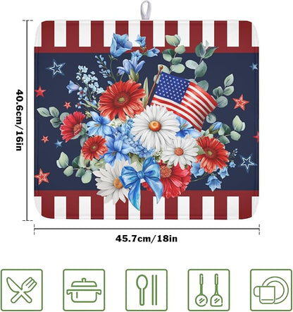 4th of July Dish Drying Mat for Kitchen Counter Patriotic Red Blue and White Floral American Flag Microfiber Dish Drainer Mat Absorbent Washable Drying Pad Extra Large 16"x18"