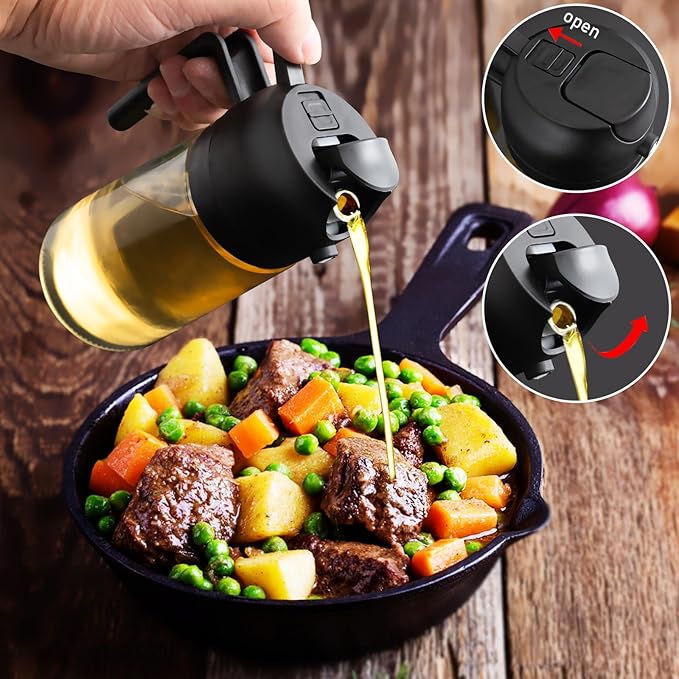 mqnxoi 2 in 1 Glass Oil Sprayer & Dispenser,16oz/470ml Olive Cooking, Air Fryer, and Salad, for Kitchen Gadgets and Air Fryer Accessories, w/Stickers (Black + White Bottle 2) - Image 4