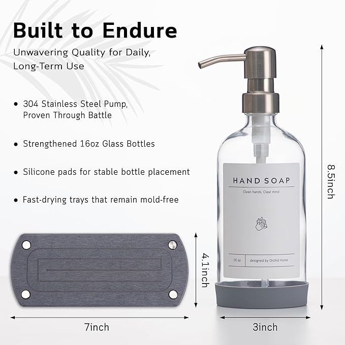 [Luxury] Kitchen Soap Dispenser Set - 16OZ Clear Glass Bottle, Stainless Steel Pump, Instant Dry Tray, Waterproof Labels, Non-Slip Silicone Pad, and Dish Brush | Upgrade for Your Kitchen and Bathroom - Image 4