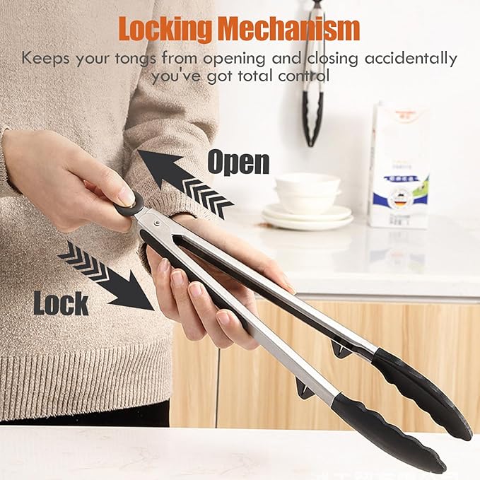 Tongs for Cooking, 12" Kitchen Tongs with Silicone Tips, Food Grade Serving Tongs Set of 3, Black - Image 3