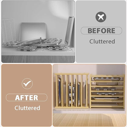 7 Tier Wooden Tray Dividers for Cabinets, Baking Cookie Sheet Organizer, Vertical/Horizontal Cabinet Dividers for Pots, Cutting Board, Pans, Kitchen Organizers and Storage (7 Tier)