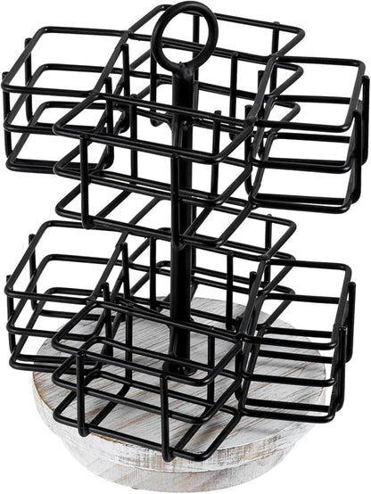 MyGift 8 Compartment Tea Bag Organizer Carousel, Black Metal Wire Packet Holder and 360 Degree Spinning White Washed Solid Wood Base, Coffee Station Storage Caddy