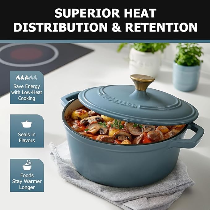 Cast Iron Pot Dutch Oven, Heavy-Duty, Oven-Safe up to 500° F & Across All Cooktops, Bread Pan with Lid & Knob, Cast Iron Cookware, Blue Kitchen Accessories, Mineral Blue - Image 2