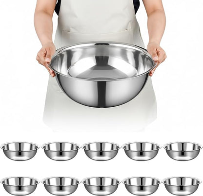 10 Pcs Stainless Steel Mixing Bowls Metal Mixing Bowls Extra Large Basin Salad Bowl with Deeper Edge, Dishwasher Safe, Mirror Finish for Home and Commercial, Silver (14 Inch 8 Qt)