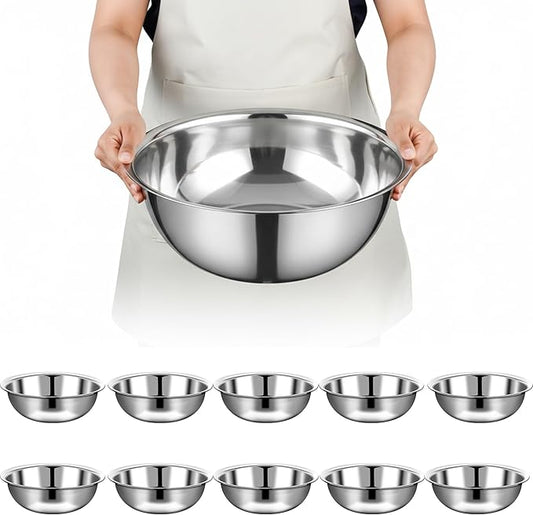 10 Pcs Stainless Steel Mixing Bowls Metal Mixing Bowls Extra Large Basin Salad Bowl with Deeper Edge, Dishwasher Safe, Mirror Finish for Home and Commercial, Silver (14 Inch 8 Qt)