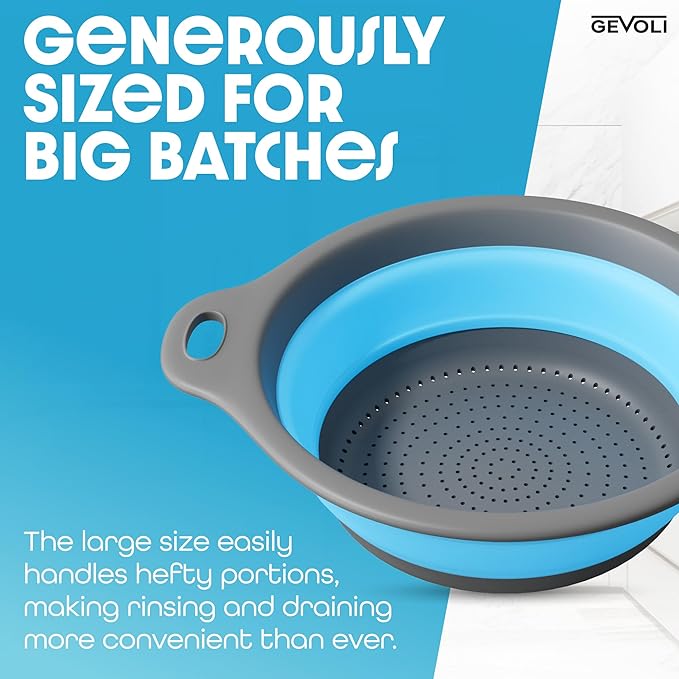 Gevoli Strainer with Self-Draining Base (5QT) Over-Sink Collapsible Kitchen Colander Set with Side-drain Base for Pasta Vegetables and Fruit, XL Large Capacity, Dishwasher Safe (5-Quart) Blue/Gray - Image 4