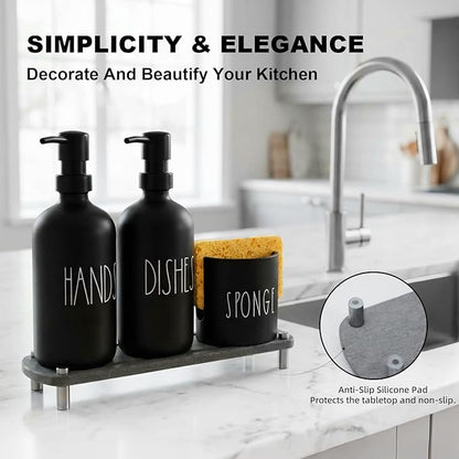 Kitchen Soap Dispenser Set, 16.9 fl oz Hand and Dish Soap Dispensers with Tray, Black Kitchen Soap Dispenser Set with Sponge Holder, Instant Dry Tray, Countertop Sink Organizer Accessories