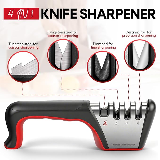 4-in-1 Knife Sharpener, Sturdy Manual Knife Sharpeners for Kitchen Knives, Professional Ergonomic Knife Sharpening Kit with 4 Stage Sharpening Slots, Portable Knife Sharpener for Knives, Scissors - Image 5