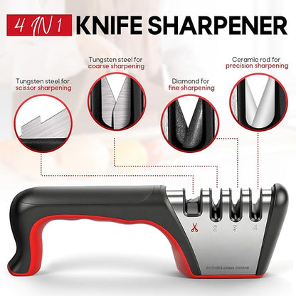 4-in-1 Knife Sharpener, Sturdy Manual Knife Sharpeners for Kitchen Knives, Professional Ergonomic Knife Sharpening Kit with 4 Stage Sharpening Slots, Portable Knife Sharpener for Knives, Scissors - Image 5