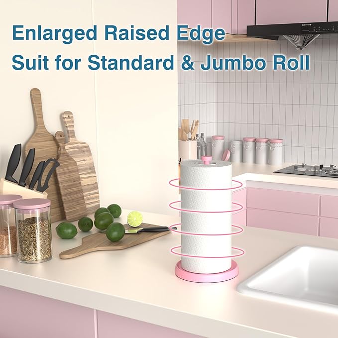 Pink Paper Towel Holder Countertop, Pink Kitchen Accessories Decor, Stainless Steel, Weighted Base, Paper Towel Roll Holder Stand with Ratchet Mechanism for Kitchen Bathroom Farmhouse Essentials - Image 2