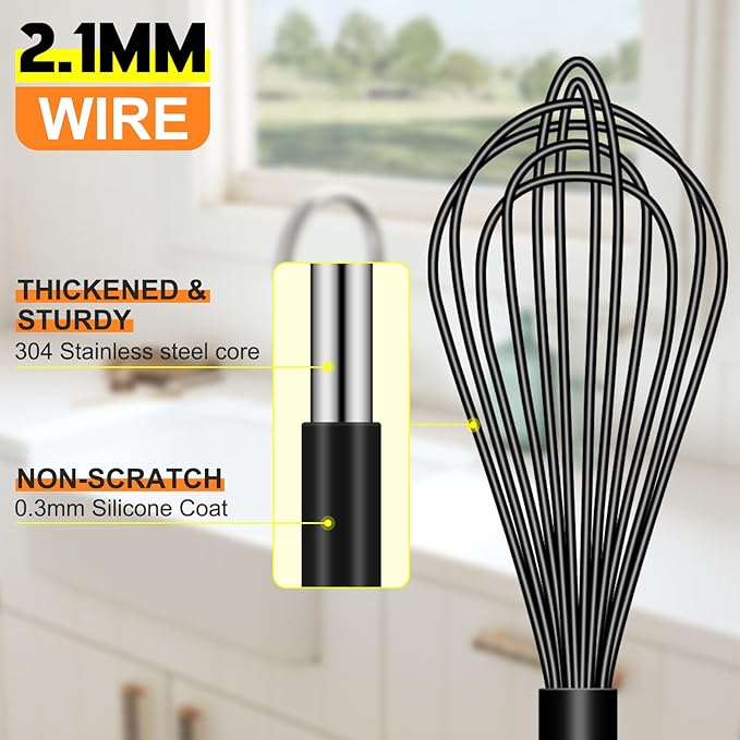 HOTEC 4 Pieces Silicone Whisks Set, Wire Balloon Whisks Egg Beater, Non-slip Handle Whisk for Non-stick Cookware Perfect for Cooking, Stirring, Beating and Blending (Black) - Image 7
