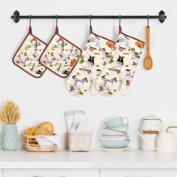 Chef Oven Mitts and Pot Holders Sets 4Pcs, 100% Cotton Heat Resistant, Extra Long Oven Gloves Potholder for Kitchen Cooking Baking Decoration, Housewarming Gifts for Mom - Image 5
