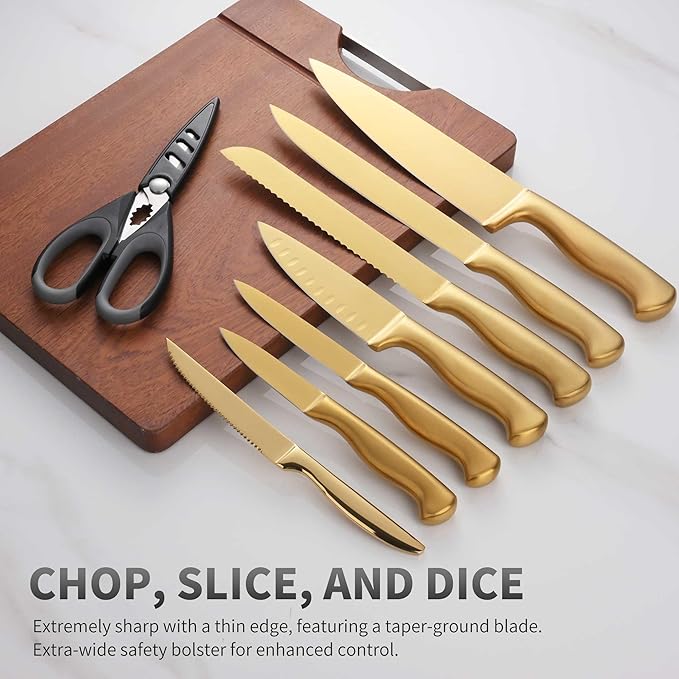15-Piece Gold Kitchen Knife Block Set with Sharpener, Stainless Steel Knives Set for Kitchen, Chef Gold Kitchen Knife Sets with Scissors, Steak Knives