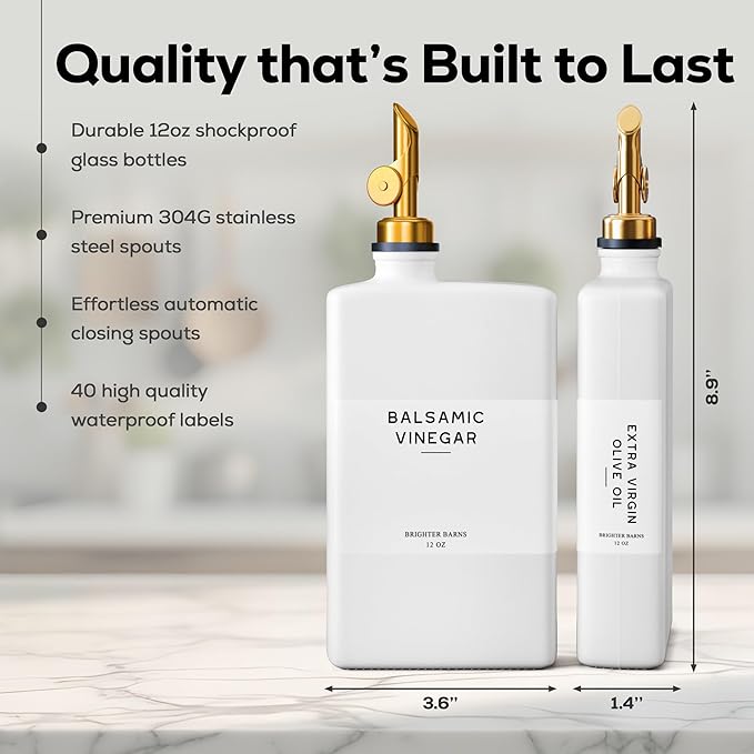 White Glass Olive Oil Dispenser Bottle for Kitchen by Brighter Barns - Avocado Oil Dispenser Set, Vanilla Syrup Bottle - Modern Decor, Gold Kitchen Accessories for Airbnb, Cafe (White/Gold, Set of 2) - Image 3