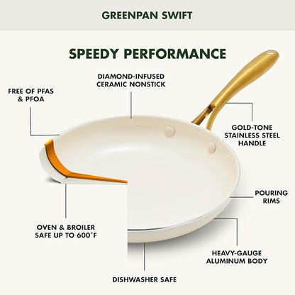 GreenPan Swift 10" Ceramic Nonstick Frying Pan Skillet, PFAS & PFOA-Free Healthy Cooking, Gold Stainless Steel Handle, Versatile Cooking Essentials, Dishwasher & Oven Safe, Cream