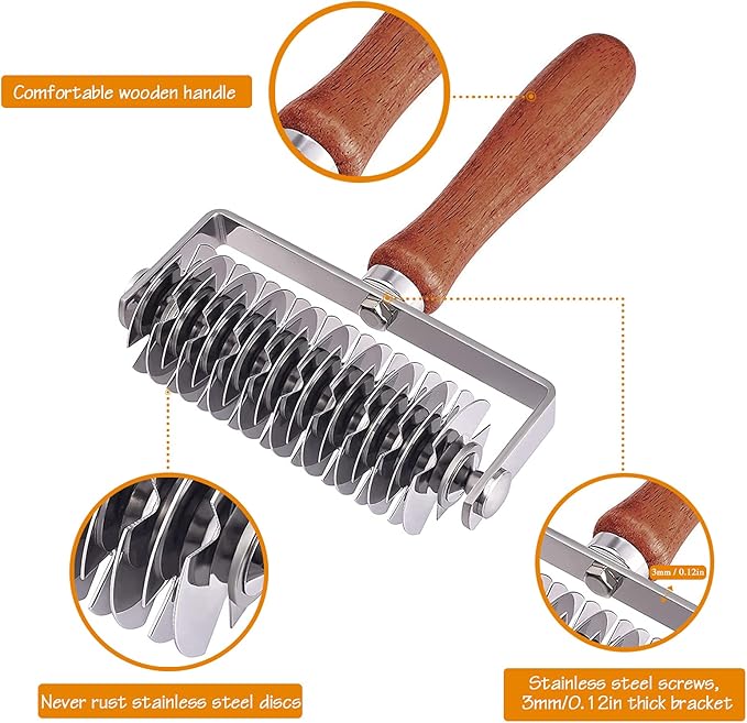 Stainless Steel Lattice Roller Cutter With Wood Handle - Dough Baking Tool for Cookie, Pie, Pizza, Bread, Pastry Crust - Household Time-Saver for Biscuits