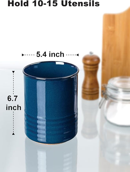 ABRUTY Utensil Holder, 6.7" Ceramic Kitchen Utensil Crock for Countertop Cooking, Modern Utensil Caddy Jar Organizer for Farmhouse Kitchen Counter Décor, Flambe Blue - Image 2